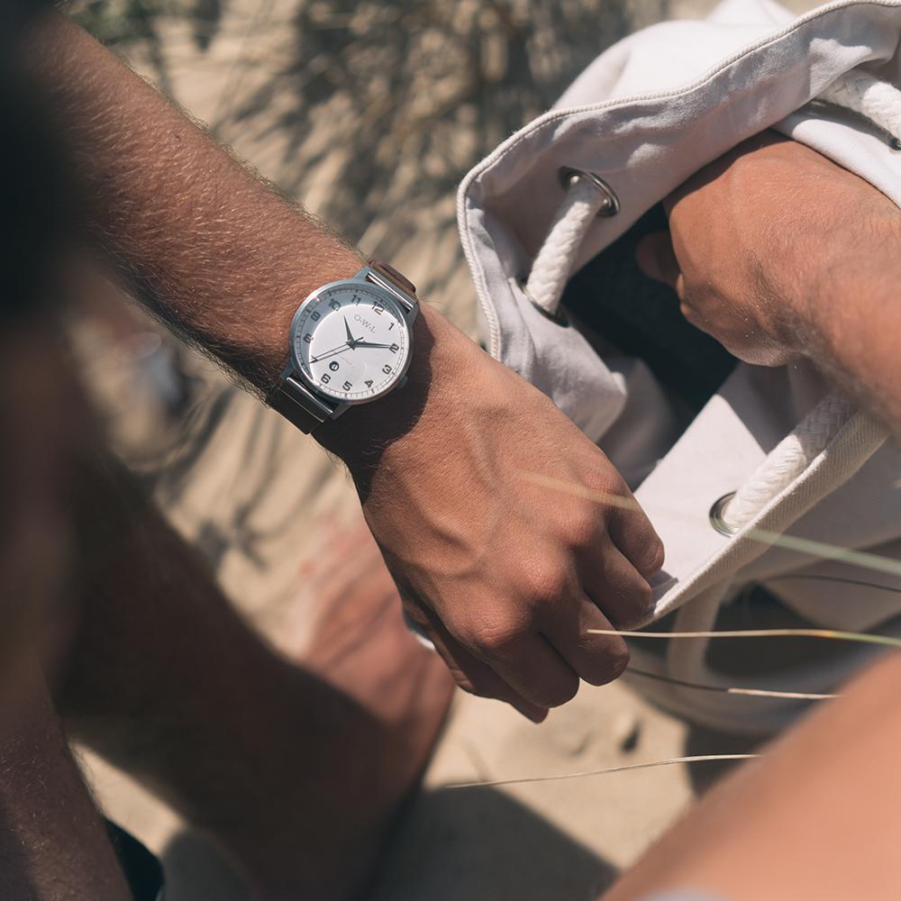 BRANCASTER STEEL & WHITE DIAL & NATURAL LEATHER STRAP WATCH - OWL watches